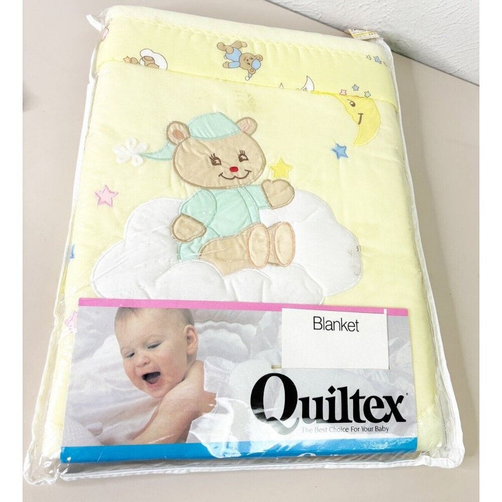 VTG 80s Quiltex Teddy Bear Yellow Fleece Crib Blanket New